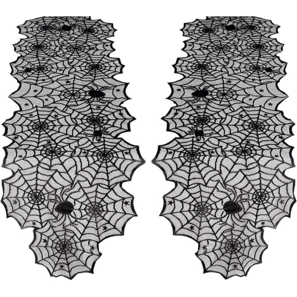 Halloween Bordsløper 2 deler 18x72 tommer Spider Web Bordsløper Svart Spetsløper for Halloweenfest Spøkelsesaktig middagsbordsdekorasjoner Svart