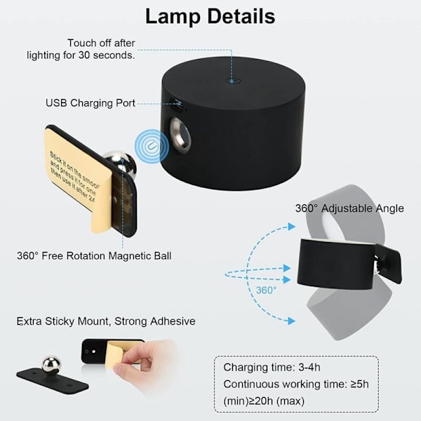 LED-seinävalaisin, USB-ladattava seinäkiinnitettävä RGB-valo 360° kiertävä magneettikuula, langaton sängylampun musta