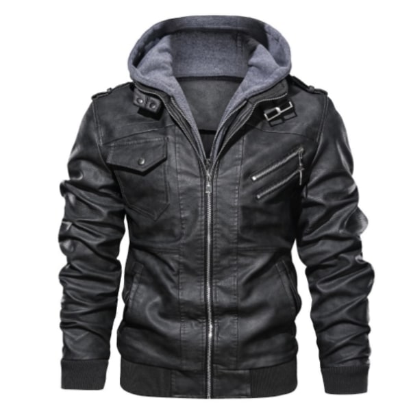 Mænd Retro Motorcykel PU Læderjakke, Efterår og Vinter Aftagelig Hætte Jakke Sort Black 3XL
