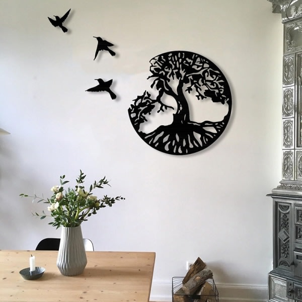 Svart Metal Tree Of Life Wall Art-3 Flying Bird Wall Sculptures-modern rund v?ggdekoration