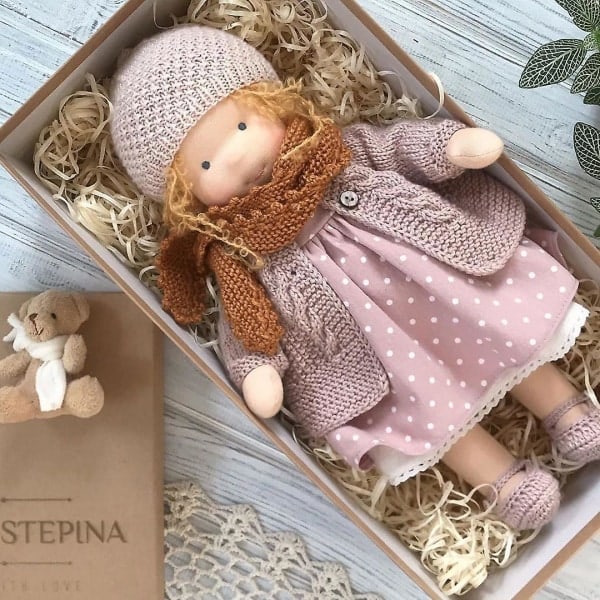 Käsintehty Waldorf-nukke, käsinneulottu nukke, käsintehty plyyshinukke, joulu Waldorf-nukke, joululahja tytöille -ES Style 7