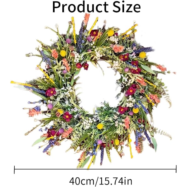 Vår-sommar-dörrkrans för ytterdörr, konstgjorda vildblommor-vårkrans, dekorativa multifunktionella kransar Färgglad vår-sommar-girland 40cm