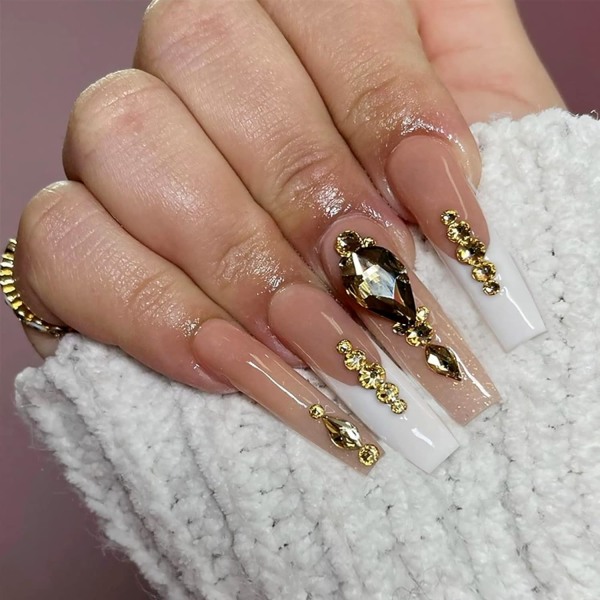 French Tip Press on Nails Long with Designs Bling Gems False Fak