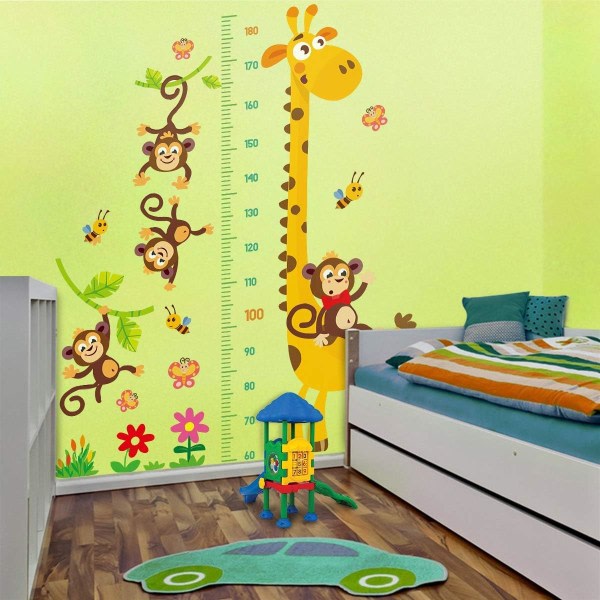 Barns Höjd Väggbild | Peel and Stick föräldraskapsväggklistermärke i baby och barns lekrum - Monkey Giraffe+Animal Balloon