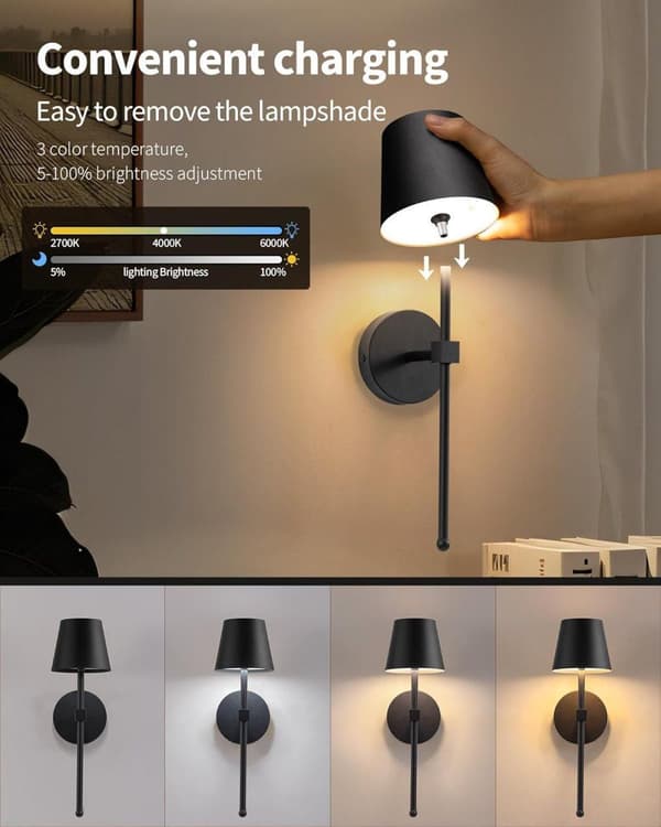 Wireless Wall Sconces 2-pack, LED Lamps with Rechargeable Battery, Stepless Dimmer with Remote Control Black