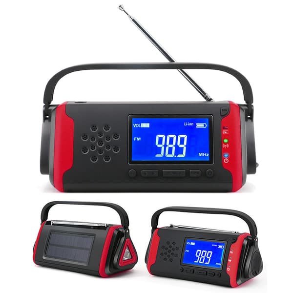 Aurinkokennokäyttöinen hätäradio taskulampulla ja säävaroituksella [JUN]