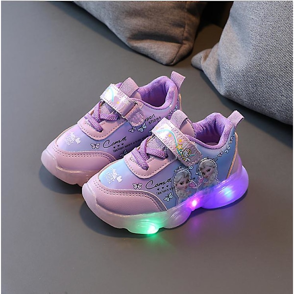 Frozen Elsa Mesh LED Lysende Sneakers Børnesko Sommer Efterår Lilla Purple 28