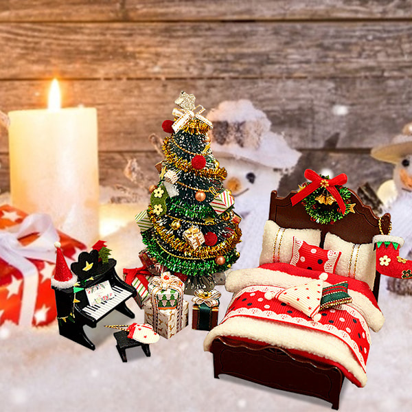 DIY Jule Miniature Dukkehus Kit Realistisk 3D Hus Rum Håndværk med Seng Tæppe Pude Piano Lamper Julekrans Juletræ Julegave 0.2