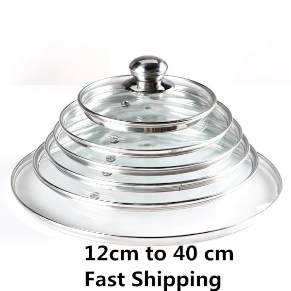 Rostfritt stål Tjockt Transparent Härdat Glas Lock lock Soppgryta Kastrull Stekpanna Wok Lock Med Knopp Kök Spis Del 12cm