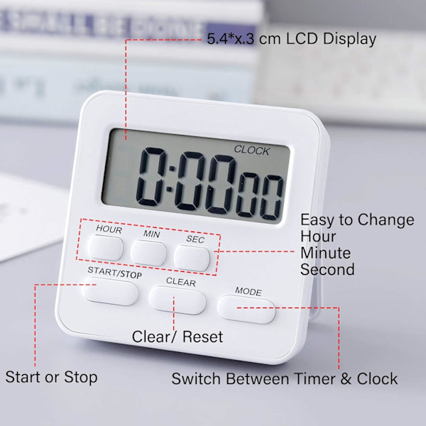 24-timmars digital kökstimer, stor display, högt alarm, vit