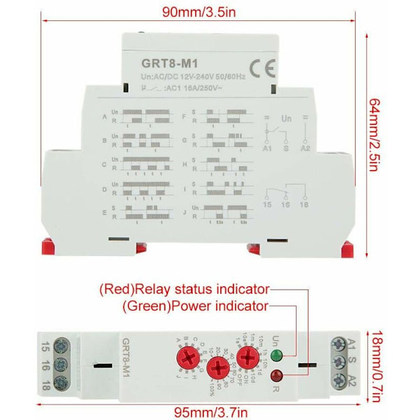 GRT8-M1 Tidsrelä med 10 funktioner 35MM DIN-skenmontering AC/DC 12V 240V 50-60Hz