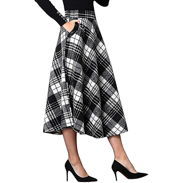 Dame Høj Elastisk Talje Maxi Nederdel A-linje Ternet Varm Vinter Flared Lang Nederdel L Midt-læg Sort*hvid Mid-calf Black*white Large