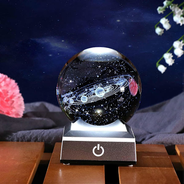 3D Sol System Krystallkule - 8cm Gravert Planet Modell Astronomi Gave[JUN] silver