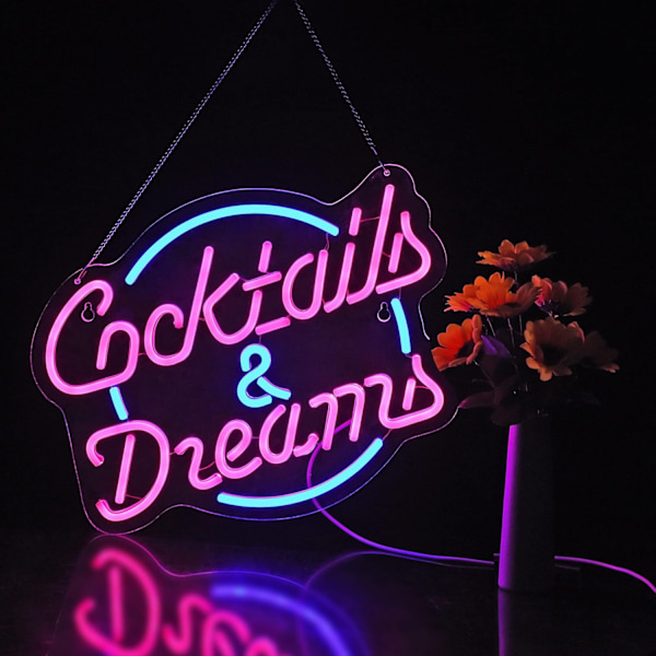 Cocktails and Dreams neon-kyltti seinäkoristeeksi, himmennettävällä kytkimellä