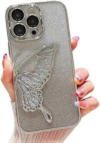 Gradient Glitter Sommerfugl Sand Case for iPhone 15 Pro Max, Klar Sølv Deksel for Kvinner & Jenter[JUN]