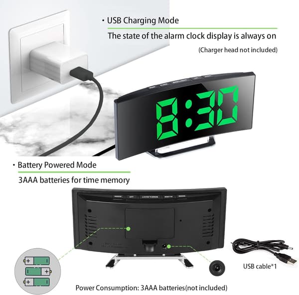 Digital vekkerklokke med 7\" LED-speildisplay og USB-strøm [JUN]
