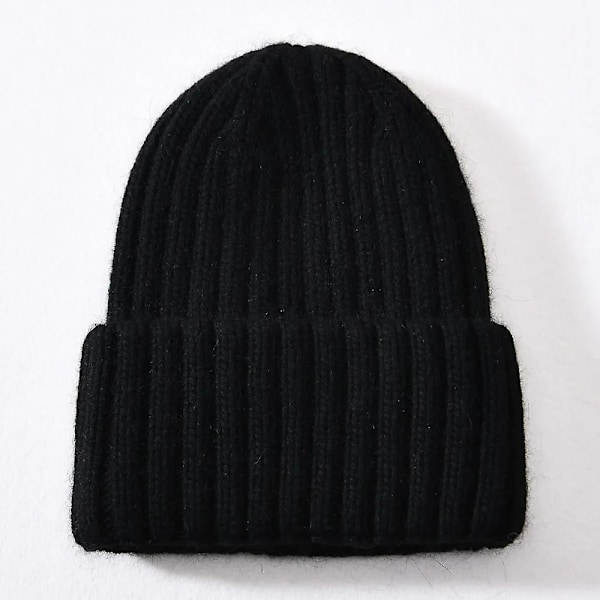 Vinterhue i silke og satin, unisex, tyk og chunky, stribet, varm, blød, højkvalitets cashmere, strikket hue Black