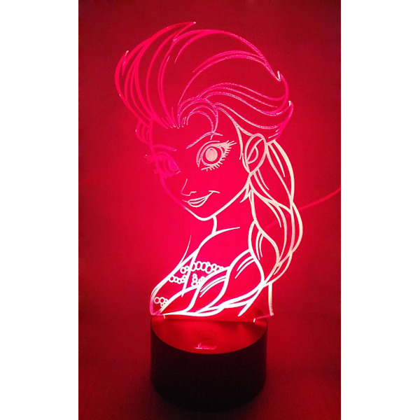 Prinsesse Elsa 3D Natlampe LED Illusion Lampe Sengelampe Bordlampe, 7 Farveskiftende Lys med Akryl Plade & ABS Base & USB Oplader