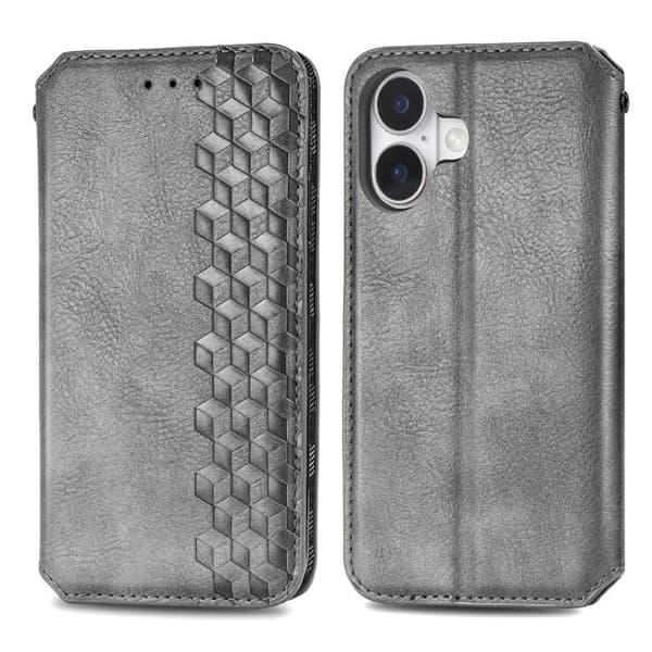 iPhone 17 Leather Case with Cubic Grid Design and Magnetic Closure Grå