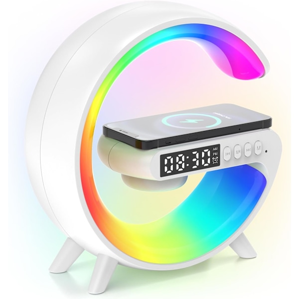 Solnedgangsvekkerklokke med Bluetooth-høyttaler, trådløs lader, RGB-fargeendring, stemningslampe for soverom (hvit)
