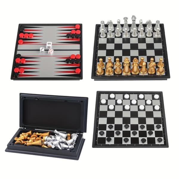 Mini magnetisk sjakkbrettspillsett - Bærbart sammenleggbart reisesjakk, backgammon og dam Chess