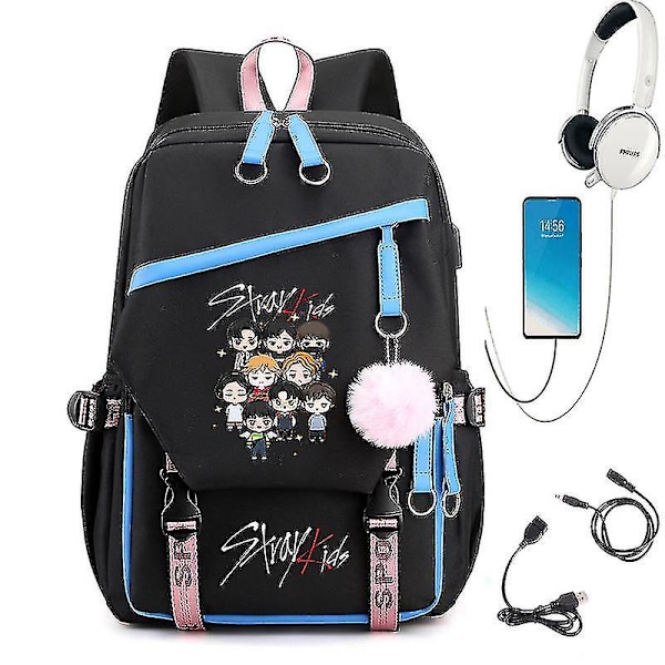 Stray Kids Combo Around The Same USB Ryggsäck Skolväska Koreanska Studenter Herr- och Damväskor