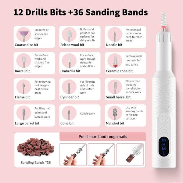 Elektrisk nagelfil sladdlös akryl nagelkit med keramiska nagelbitar, slipband, bärbar uppladdningsbar efil set för akryl gel naglar, manikyr