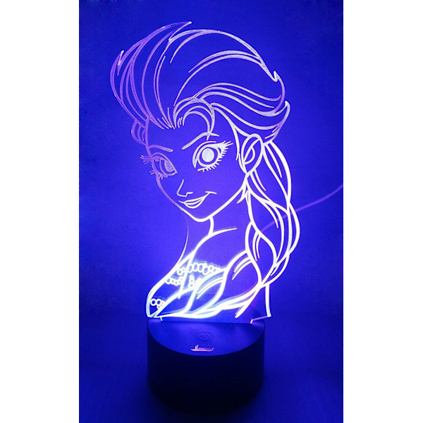 Prinsesse Elsa 3D Natlampe LED Illusion Lampe Sengelampe Bordlampe, 7 Farveskiftende Lys med Akryl Plade & ABS Base & USB Oplader