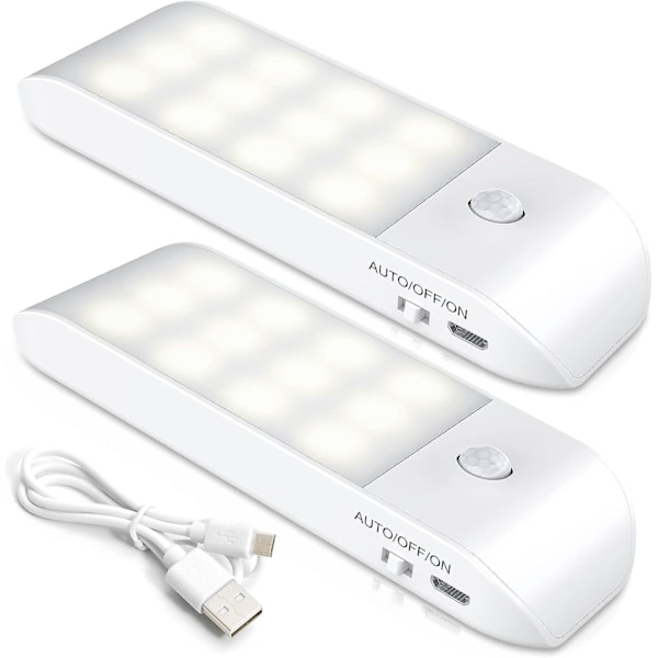 Automatisk LED-nattlampa [2-pakning], 12 LED USB-oppladbar garderobenattlampa med bevegelsessensor og lyssensor, 3 moduser (auto/på/av) med magnetisk