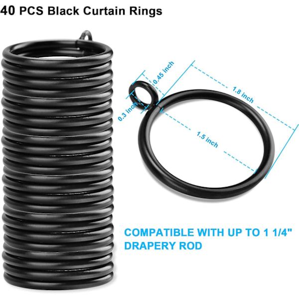 40 stk. Sorte Gardinringe med Øje til Gardinstang (1,5 tommer Gardinringe)
