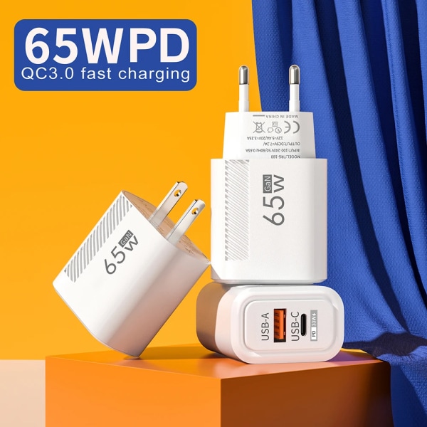 Hurtigoplader USB C, GaN PD 65W oplader, Samsung S22, S21, iPhone 14, 13, Xiaomi, Huawei, LG, Quick Charge 3.0 EU White