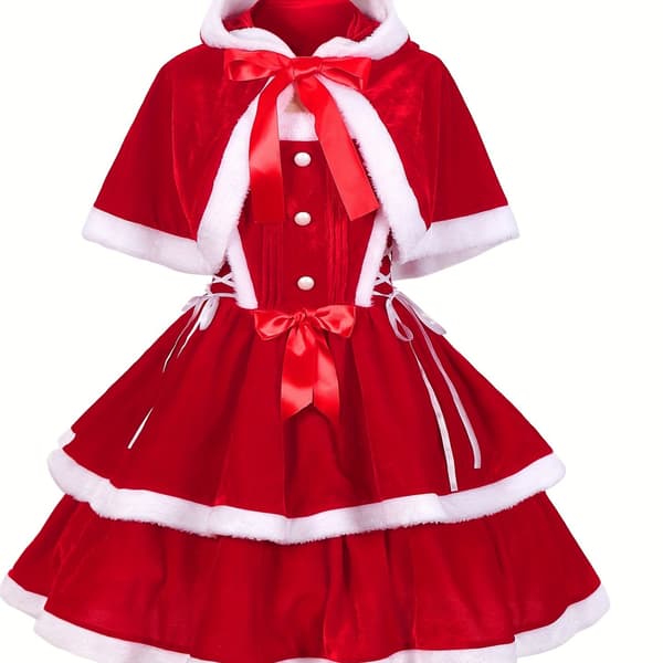 Julekjole med aftagelig hættekappe og sløjfe til festcosplay S Red