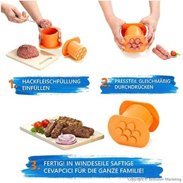 Én press cevapcici form, 7 pølser på én gang. Pres håndlavede pølsekødsforme, non-stick