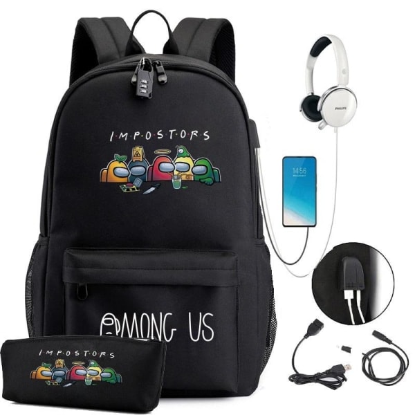 Among Us -reppu lapsille, reput USB-liitännällä, 1 kpl, musta, pieni svart små 3