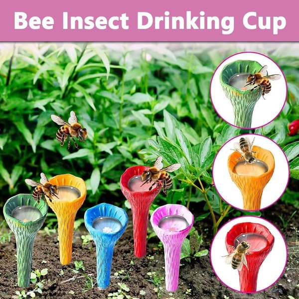Drikkeskål til bier, blå blomstret vandautomat til bier, insektfoder, udendørs havepynt blue small flower