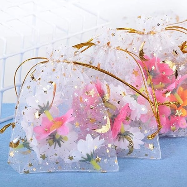 100 kpl organza-pussia (9 * 12 cm) sokeripusseja korupusseja karkkipusseja tähtikuu-kuvio kuumapainettu juhliin häihin karkkeihin suklaaseen jouluun syntymäpäivään