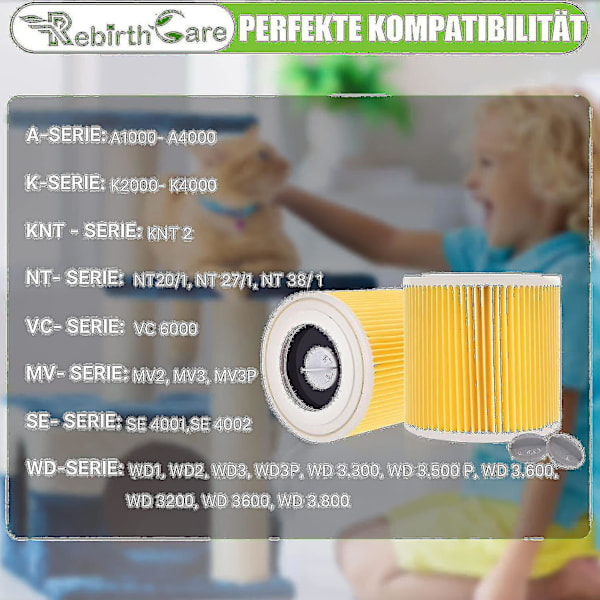 2-pack patronfilter för Wd3 Premium Wd2 Wd3 Wd3p Wd3 Mv2 Mv3 Filter Wd3 Ersättningsfilter för Krcher Dammsugare 6.414-552.0/6414552 Hs