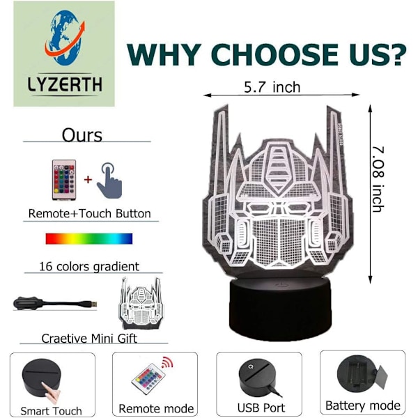 3D Optisk Illusion Transformers Model Skrivebordslampe LED Natlampe
