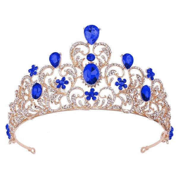 Safir Bryllupstiara for Brud, Prinsessekrone Voksen Rhinestone Hårbøyle, Bryllupshårtilbehør for Kvinner, Gull Hodeplagg
