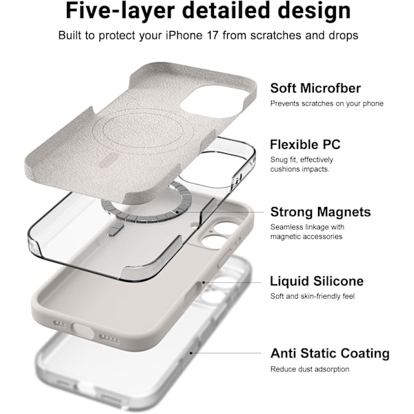Støtsikkert flytende silikon MagSafe-deksel for iPhone 17 Pro Max[JUN] iPhone 17 Pro Max stone