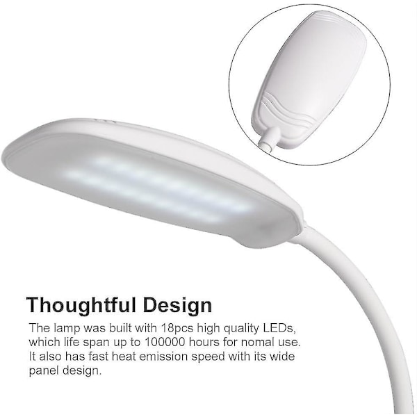 LED-læselampe - Genopladelig klemme på bordlampe med USB-kabel, hvid