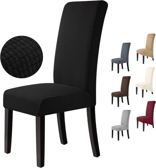 Set med 6 stretch jacquard stolsöverdrag - Enkel passform & hållbara för matstolar[JUN] Black