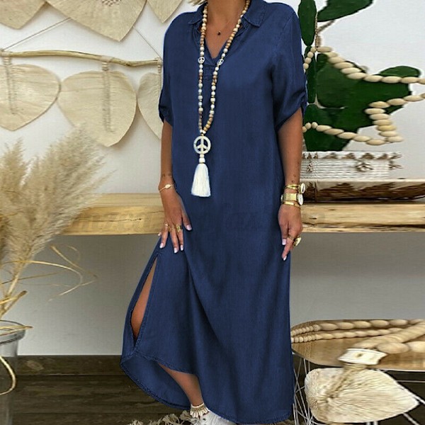 Sommarklänning i denim maxi för dam, mörkblå avslappnad långklänning, födelsedagspresent till mamma fru, 4XL[JUN] Deep blue 4XL