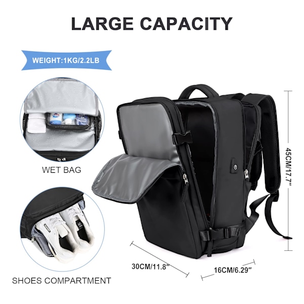 Kabinekufferter 45x30x16 Underseat Rygsæk til Flyrejser Håndbagage Underseat Carry On Rygsæk Laptop Rygsæk Dame Rejserygsæk med Sko-rum,D black