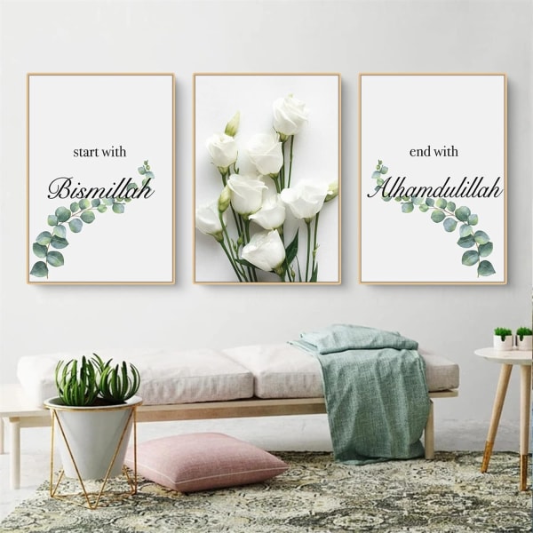 Islamiska affischer Vardagsrum, set av 3, gröna växter blommor