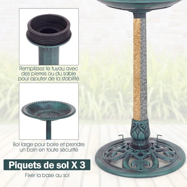 COSTWAY stående fuglefoderautomat, fuglebad med diameter 51 cm bakke, højde 72 cm, antik design grøn