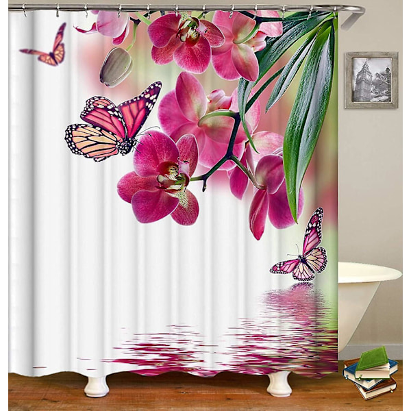 Polyester Bruseforhæng med Blomster og Sommerfugle, Hvid Rosa Badeværelsesforhæng 90x180cm