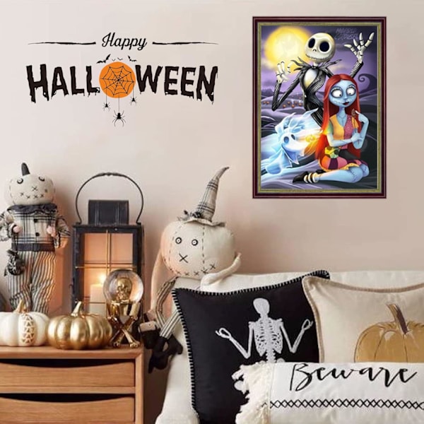 DIY Halloween Diamantmaleri Sæt til Voksne, Skull Jack og Sally Fuld Rund Diamantbor Sæt, 5D Vægmalekunst, Hjemmespil 15.8x11.8 tommer