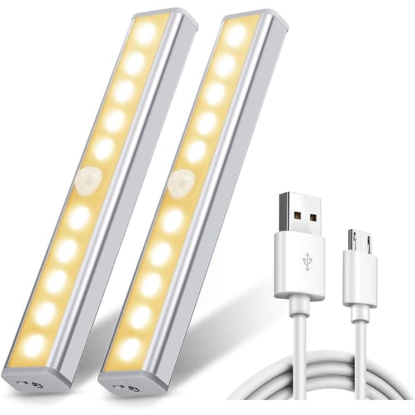 2-pack 10 LED-lampor, trådlöst, USB uppladdningsbart, magnetiskt, rörelsesensor, 2 ljuslägen, garderobsljus, - varmgul