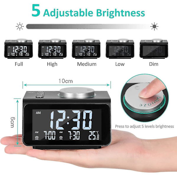 Dual clockradio, digitalt vækkeur med FM-radio, dobbelte USB-porte, 7 alarmlyde, 5 justerbare